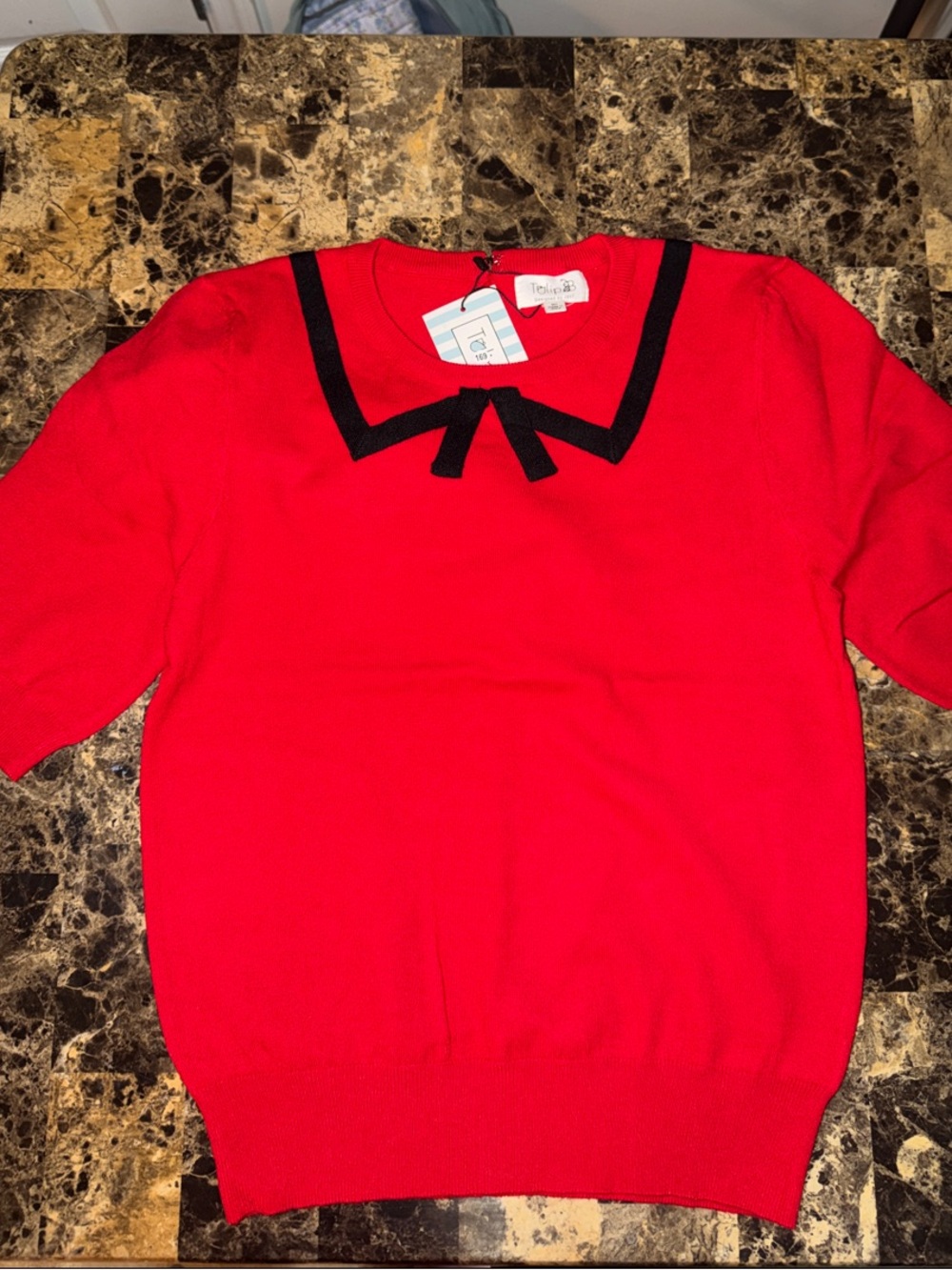 Tulip B. Red Short-Sleeve Sweater with Black Peter Pan Collar Bow